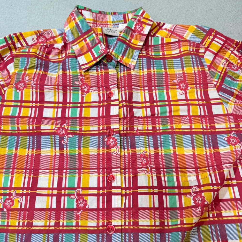 Adrain Seafield Plaid‎ Floral Button Up Shirt Short Sleeve Multicolored M